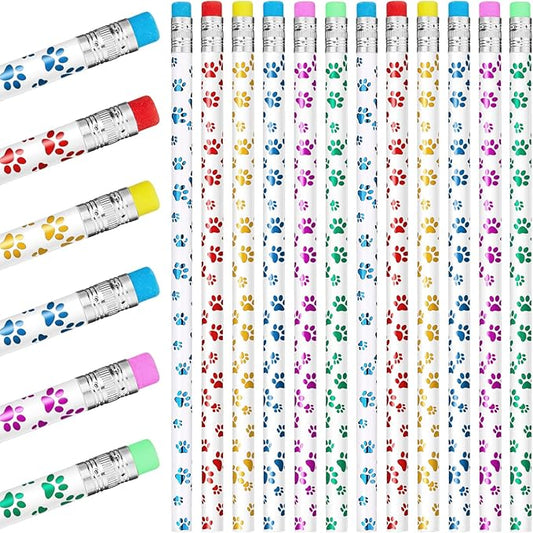 Chinco 100 Pcs Paw Print Pencils Dog Paw Wooden Writing Novelty Pencils with Erasers for Kids Doggy Party Favors Welcome Back to School Party Supplies, 6 Colors