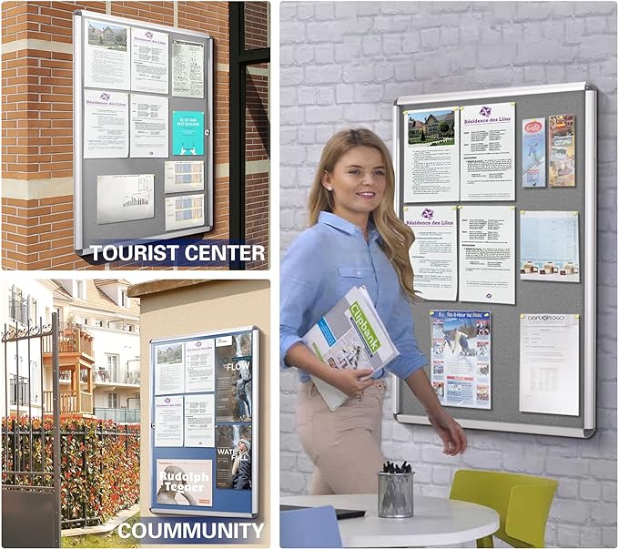 SWANCROWN Lockable Felt Bulletin Indoor Display Case Big Message Center Board with Aluminium Frame,38x38 inches (12xA4)