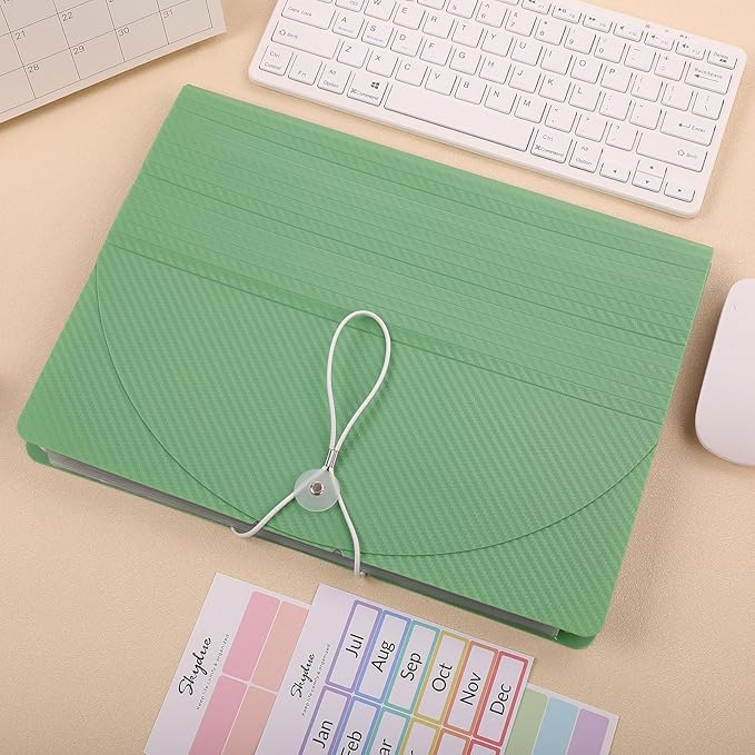 SKYDUE File Organizer, 12 Pockets Accordian File Organizer, Letter Size Expanding File Folder with Colored Tabs and Expandable Cover Portable Bill Receipt Organizer Green