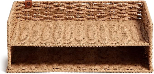 U Brands Woven Two-Tier Paper Tray, Rattan-Inspired Wicker Style Office Organization Supplies, 1 Count
