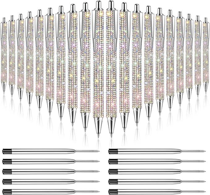 20Pcs Rhinestone Metal Ballpoint Pens Bling Pens Bulk Fancy Sparkly Crystal Diamond Pens Press Retractable Black Ink 0.7mm For Women Office Meeting Birthday Supplies Wedding Gifts(20colors)