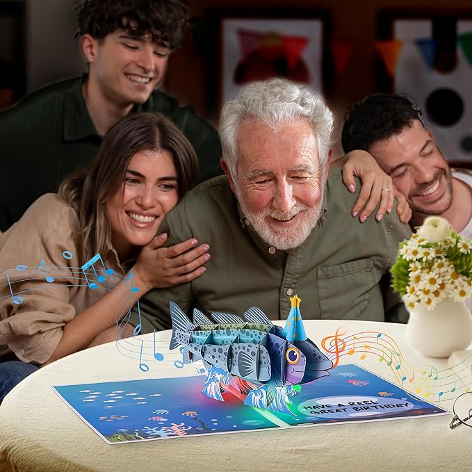 Funny Fish Themed 3D Pop Up Musical Birthday Cards For Men, Funny Greeting Card W/Lights and Happy Birthday Song for Dad, Men, Fisherman,Him, Husband, Grandpa