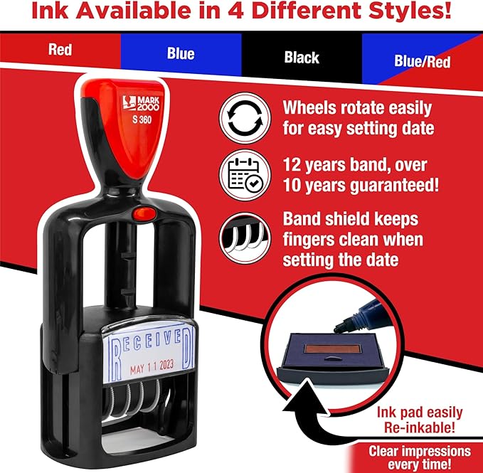 Self-Inking Rubber Date Office Stamp with Approved Phrase - Red Ink - 12-Year Band