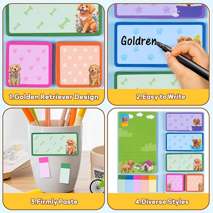 B1ykin Sticky Notes Set - Cartoon Theme Cute Self-Stick Notes Pad Teacher Appreciation Gifts， Self-Adhesive Writing Memo Pages Sticky to Do Notepad for Kids Employee School Office (Golden Retriever)