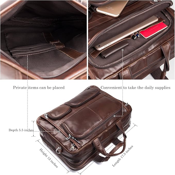 Augus Business Travel Briefcase Genuine Leather Duffel Bags for Men Laptop Bag fits 15.6 inches Laptop