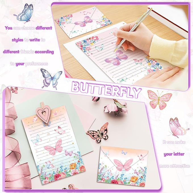 TaoBary 160 Packs Stationery Paper Set (50 Double Sided Stationery Writing Papers 50 Matching Envelopes) 60 Round Dot Sticker, 10 Design(Watercolor Butterfly,5.5 x 8.25 Inch)