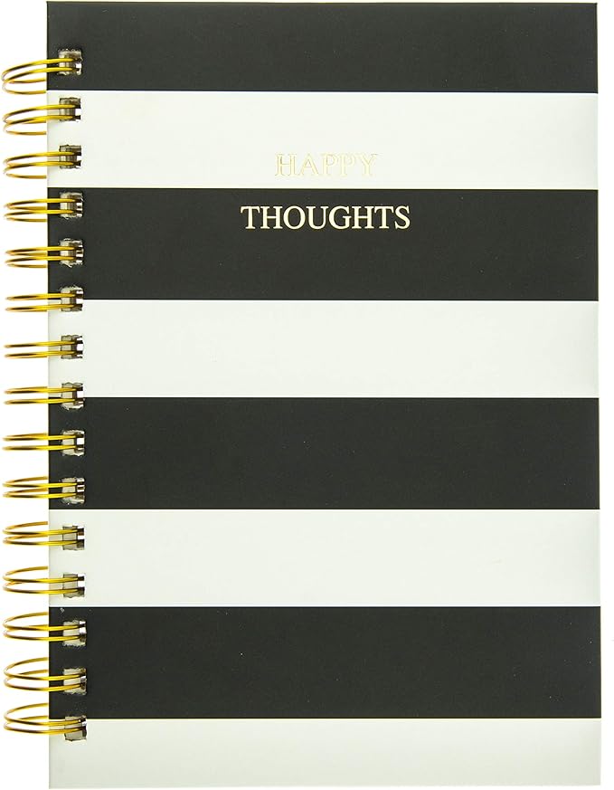 Graphique Classic Charm Hard Cover Journal w/ Elegant Black and White Stripes & "Happy Thoughts" in Embellished Gold Foil Across the Cover, 160 Ruled Pages, 6.25" x 8.25" x 1"