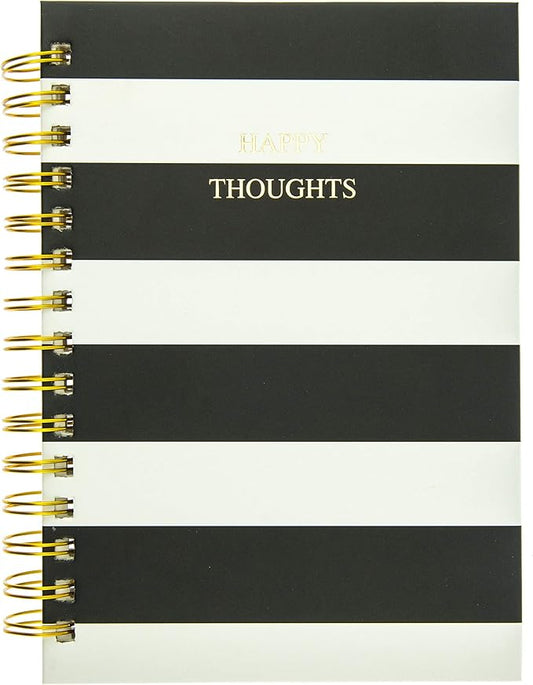 Graphique Classic Charm Hard Cover Journal w/ Elegant Black and White Stripes & "Happy Thoughts" in Embellished Gold Foil Across the Cover, 160 Ruled Pages, 6.25" x 8.25" x 1"