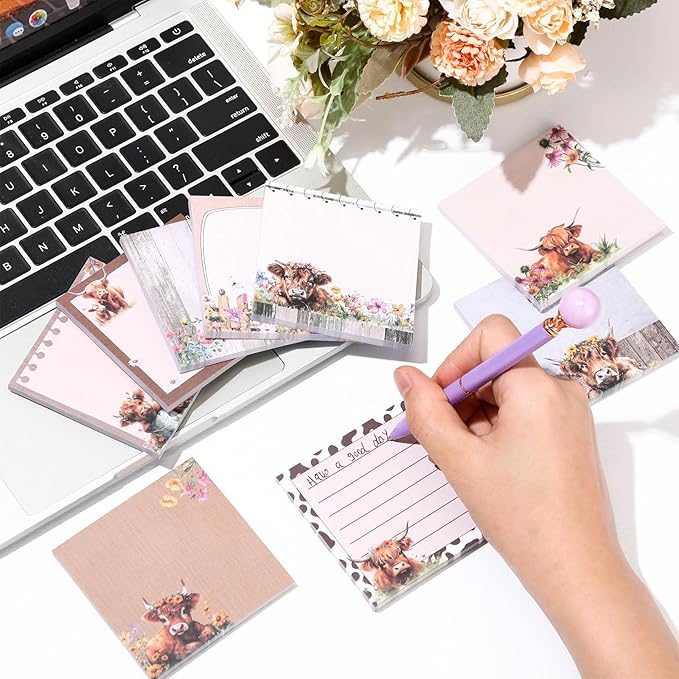 9 Pads Cute Sticky Notes Cartoon Animal Self Stick Notepads 3x3 Inches Notes Adhesive Memo Pad Office Decor Gifts for Students School Office Meeting (Highland Cow)