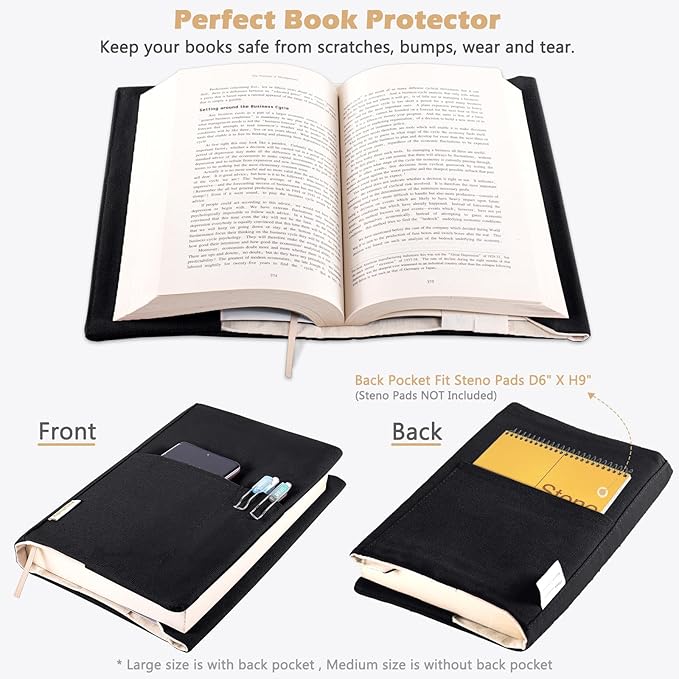Canvas Book Cover - Washable & Adjustable Covers for Paperback & Hardcover, Pockets for Pen, Book Lovers Gift