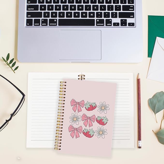 BearCake Spiral Notebook Journal For Women,Preppy Pink notebook gift,Aesthetic Notebooks,Bow composition notebook,Cute Strawberry Flower notebook,Pink Bow notebook,Spiral Notebook 5.5x8.3