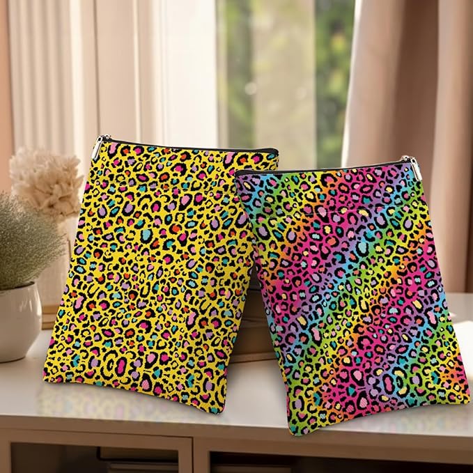 2 Pack Rainbow Leopard Print Book Sleeve, Books Protector，Books Pouch， Book Lovers Gifts，Bookish Gifts Waterproof Cover with Zipper，Leopard Decor Gift Bag for Women Sister Birthday Appreciation