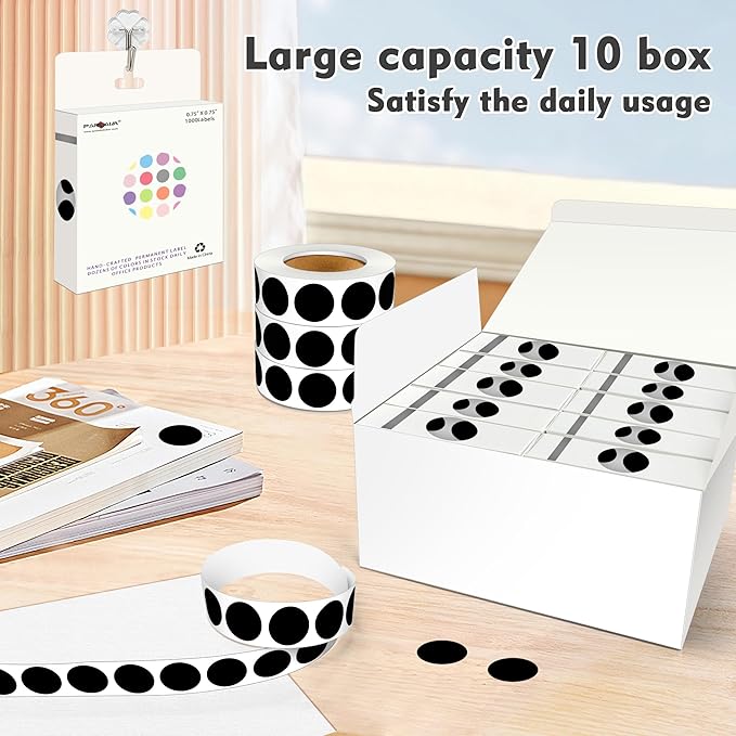PARLAIM 3/4 Inch Round Permanent Adhesive Color-Code Dot Stickers,10000 Stickers Roll dots Label Dispenser Box Green Circle Stickers Labels 10Rolls(Black)