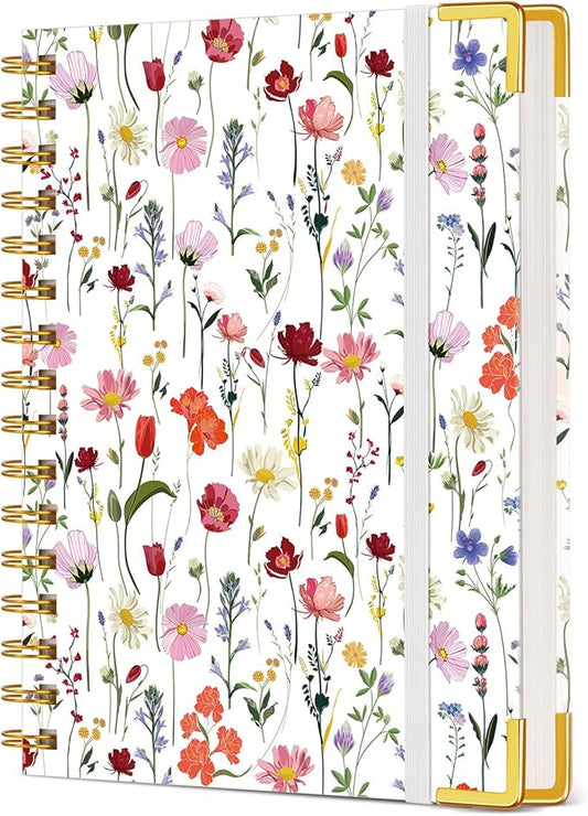 Cute Spiral Notebook Journal for Women, 160 Pages Lined Notebooks 5.75” x 8.38”, A5 Hardcover Spiral Journal with 100 GSM Thick Paper, College Ruled Notebook for Writing Work School, Wildflower Garden