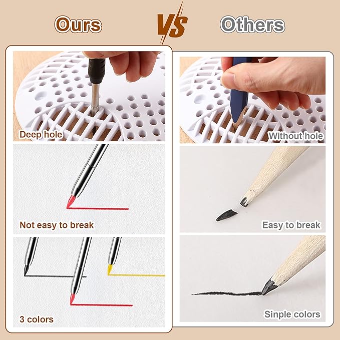 Hiboom 3 Pack Carpenter Pencils with 24 Refills (Red, Black, Yellow), 2.8 mm Heavy Duty Woodworking Marking Tool Built in Sharpener Ideal for Marking on Solid Long Nosed Deep Hole(Black)