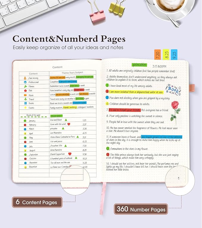 Dotted Journal Notebook, 360 Numbered Pages Dot Grid Notebooks 8.5 x 11, 100gsm Dot Paper Thick Hardcover Leather Journals for Writing Women Men, A4 Large Bullet Dotted Notebooks for Work Pink