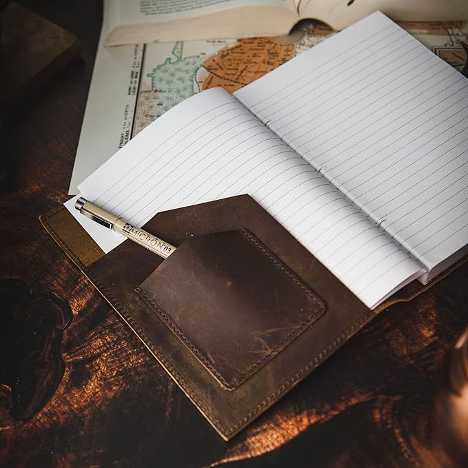 Refillable Leather Journal | Premium Lined A5 Notebook Cover | 200 Ruled Writing Pages | Card Holder Slot | Leather Bound Journals for Men & Women, Best Gift Travel Diary, Cool Planner