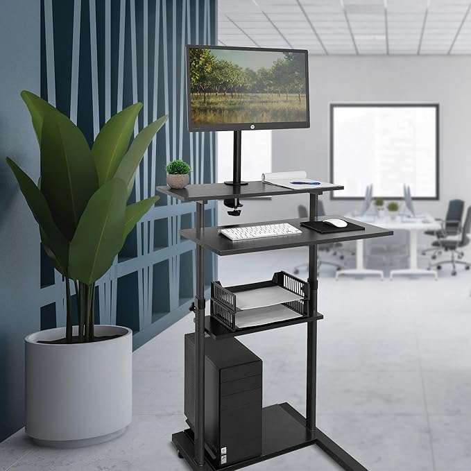 Mount-It Mobile Stand Up Desk / Height Adjustable Computer Work Station Rolling Presentation Cart With Monitor Arm (MI-7942B), Black