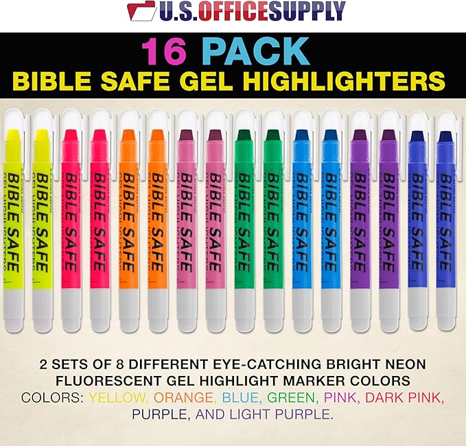 U.S. Office Supply Bible Safe Gel Highlighters, Pack of 16-2 Sets of 8 Bright Neon Fluorescent Highlight Colors Yellow, Orange, Pink, Purple, Green, Blue - Won't Bleed, Fade or Smear - Study Guide