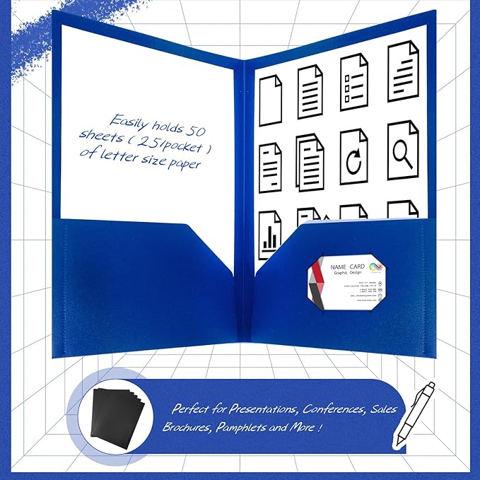 Patelai 50 Pack Pocket Folders Bulk 2 Pocket Heavy Duty Plastic Folders with Pockets Letter Size Folders Business Card Holder for School Office File (Blue)