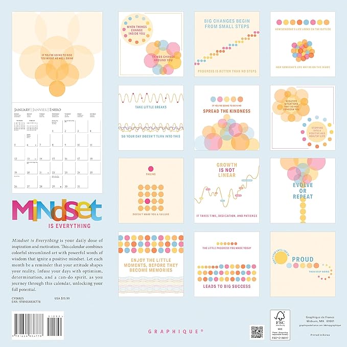 Graphique 2025 Mindset Is Everything Wall Calendar | 12” x 12” | Thick Paper | Home & Office Organizer | Large Monthly Grid | 3 Languages & Marked Holidays | 4 Month Preview Page for 2026