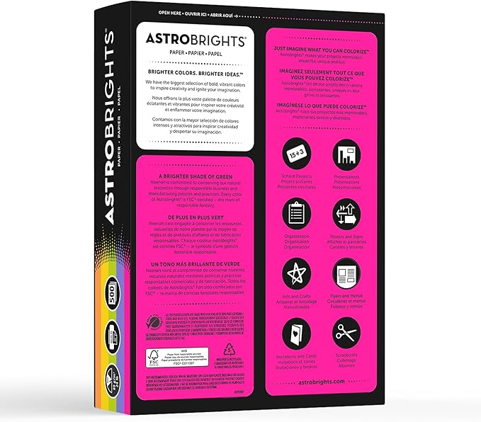 Neenah Astrobrights(R) Bright Color Paper, 8 1/2in. x 11in., 24 Lb, Assorted Colors, Ream Of 500 Sheets, 21289 (Pack of 2)