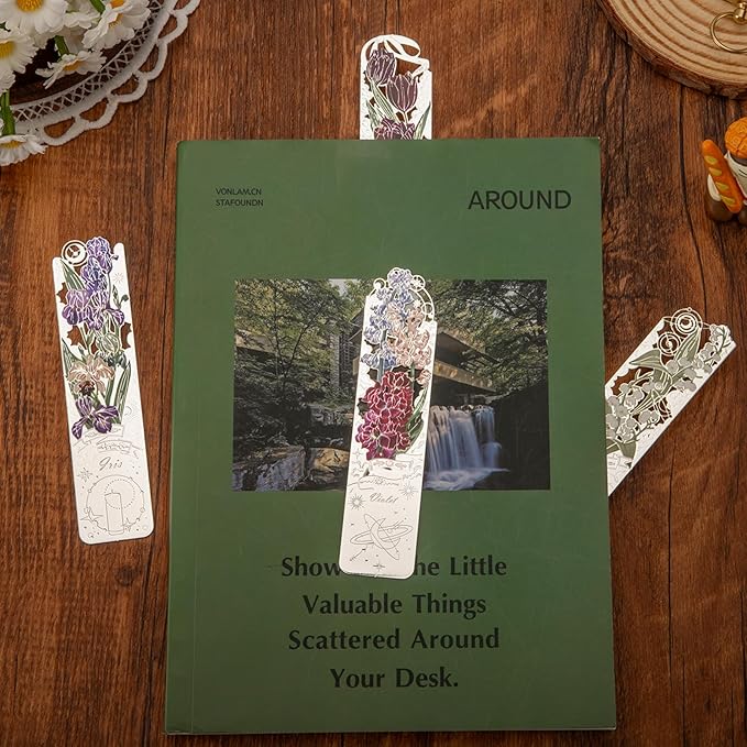 4 PCS Metal Bookmarks, Bookmarks for Reading Women, Pretty Bookmarks for Women, Metal Flower Bookmark, Iris, Tulip, Lily of The Valley, Violet Bookmark(BKM-062-001)