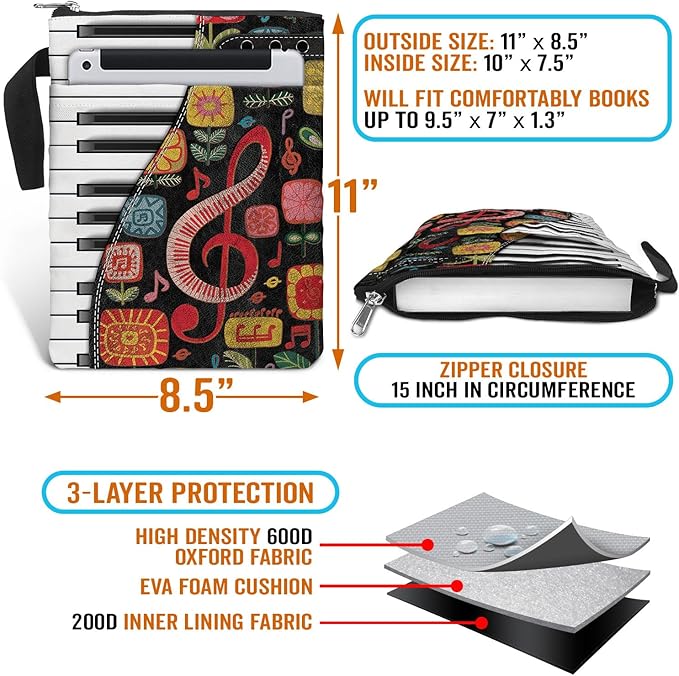 Piano Gift Book Sleeve Bag with Zipper and Front Pocket for Paperbacks. Washable Fabric 11 X 8.5 Padded Book Bag Protector Pouch. Colorful Pattern