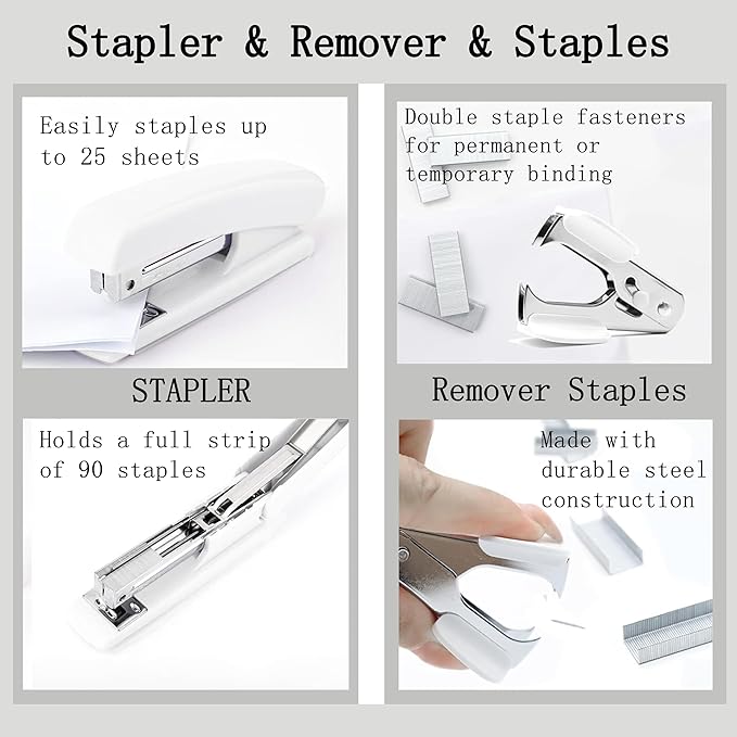 White Office Desk Accessories Supplies, 12pcs Desk Organizers and Accessories with Tape dispenser and Stapler,Staples,Staple Remover,Pen Holder,Scissor,Ruler,Sticky Tabs,Tape,Ballpoint Pen,Clips Set