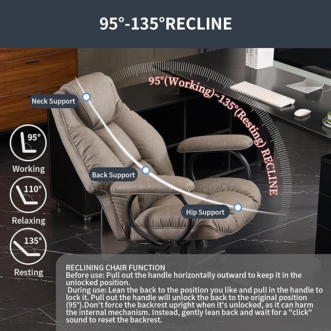 Office Chair Big and Tall, High Back Home Office Chair 400 lbs, Executive Office Chair with Ottoman, Ergonomic Office Chair with Padded Armrest, Swivel Computer Chair PU Leather (Grey)