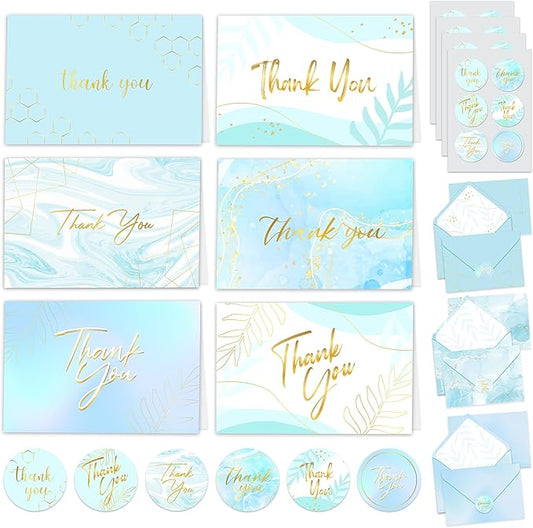 Decorably 24 Pack Gold-Foiled 6x4in Light Blue Thank You Cards with Envelopes and Stickers, 24 Elegant Designs Thank You Blue Cards, Blank Inside - Wedding, Baby Shower