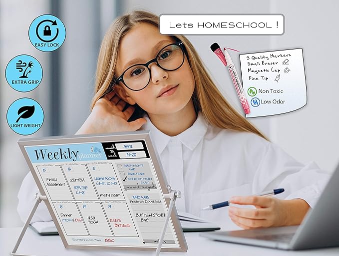 Small Desktop Weekly Planner White Board - Calendar 10"x10" Dry Erase Magnetic to Do List Board with Stand, 3 Markers, 4 Magnets, Eraser - Portable Tabletop Whiteboard for Home School & Office