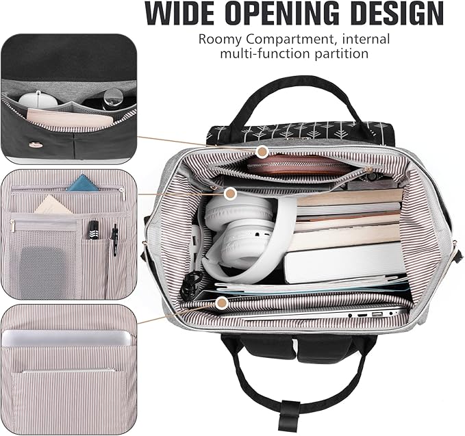 MOMUVO Laptop Backpack for Women Laptop Bag with USB Port, Student Bookbag Water Resistant Backpacks Teacher Doctor Nurse Work Backpack Stylish Travel Bags, Fits 17-Inch Laptop Grey Black