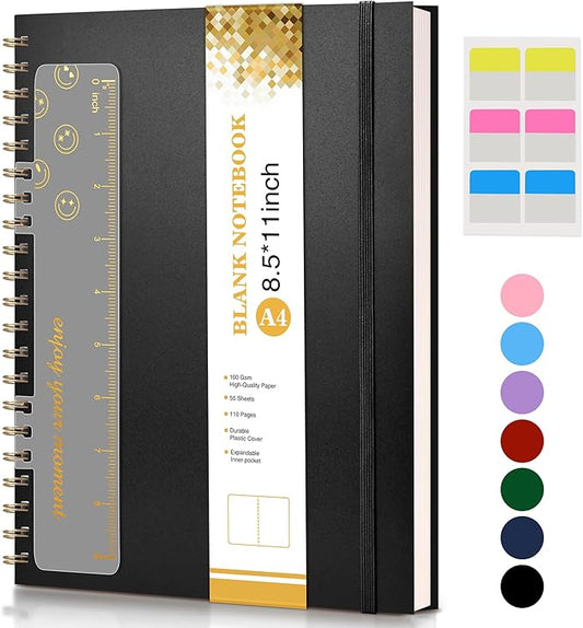 Blank Spiral Notebook Journal 8.5” x 11”, A4 Large Sketch Book for Women Men, 100 GSM Blank Paper Drawing Notebook, Plastic Hardcover Spiral Bound Sketchbook for Sketching Work School Writing, Black