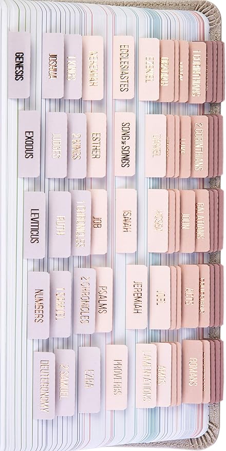 DiverseBee Laminated Bible Tabs (Rose Gold Embossed Lettering), Bible Journaling Supplies, Bible Book Tabs, Christian Gift, 73 Bible Tabs for Women and Men, Includes 4 Blank Tabs (Pearl)