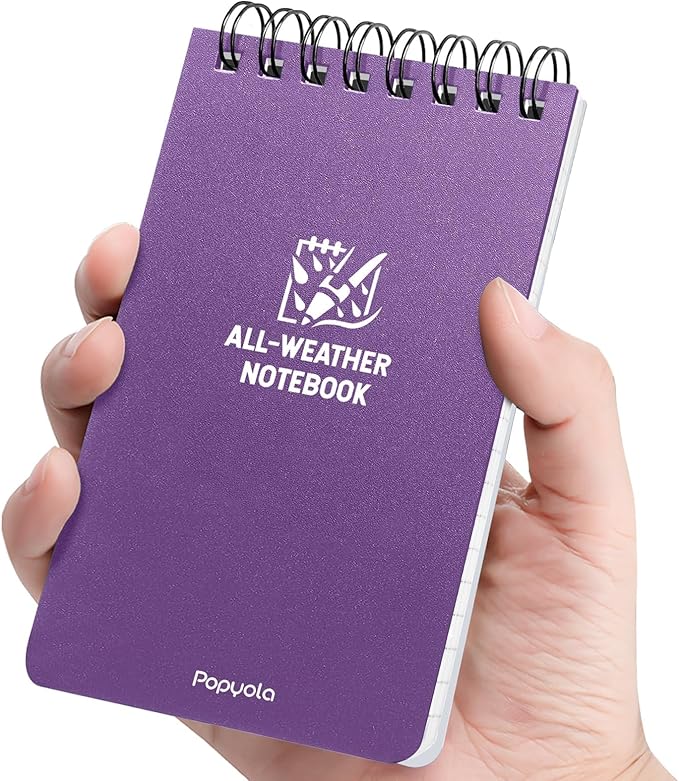 POPYOLA 1 Pack Waterproof Pocket Notebook, 3x5 Pocket Notepad, All Weather Mini Spiral Notepad, Write in the Rain Police Notepad with 100 Squared Pages for Outdoor Home Office School, Purple