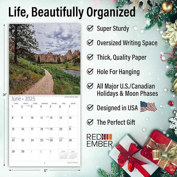 RED EMBER America's Pathways 2025 Wall Calendar 12 Month | 12" x 24" Open | Thick & Sturdy Paper | Giftable | Calendar 2025