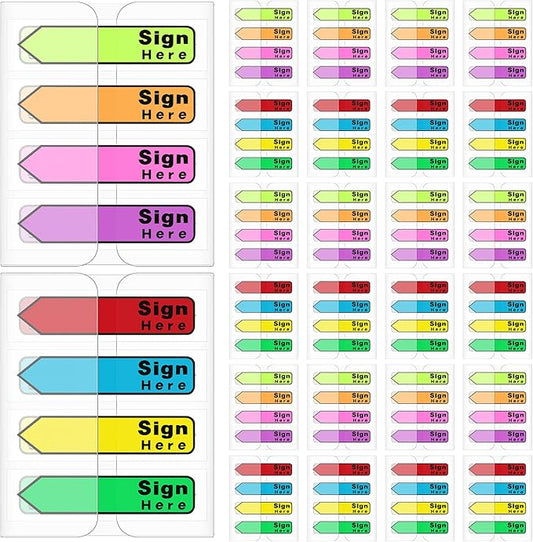 Tatuo 2400 Pcs Sign Here Tabs Colored Flag Stickers 8 Colors with Dispenser Arrow Flag Easy to Post for Notary Books Paper (Sign Here Style)