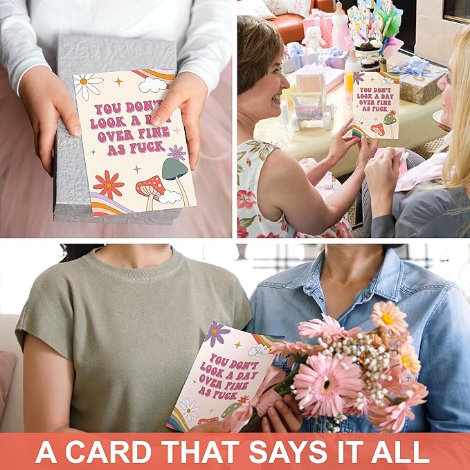 Funny Birthday Card for Wife Girlfriend, You Don't Look a Day Over Fine as F*ck, Rainbows Birthday Greeting Card, Humorous Greeting Card with Envelope for Birthday or Anniversary