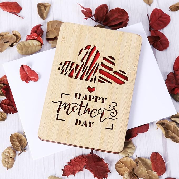 Wooden Mothers Day Card for Mom Gifts,Happy Mother's Day Card,Happy Mother's Day Greeting Cards from Kids,Mother Gifts Card from Daughter or Son(Double Hearts)