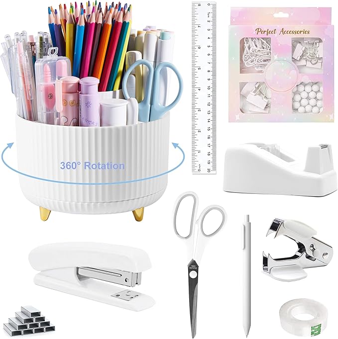 Office Desk Accessories, White Office Supplies 360°Pen Holder Desk Organizers And Accessories with Tape Dispenser, Stapler, Staple Remover, 1000 Staples, Tape, Clips Set, Ruler, Scissor, Pen