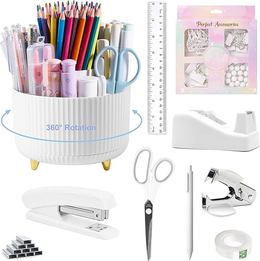 Office Desk Accessories, White Office Supplies 360°Pen Holder Desk Organizers And Accessories with Tape Dispenser, Stapler, Staple Remover, 1000 Staples, Tape, Clips Set, Ruler, Scissor, Pen