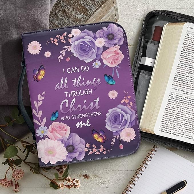 Lotusorchid Flower Butterfly Bible Bags for Women, Portable Bible Cover Bags for Girls, Christian Bible Study Accessories,I Can Do All Things Through Christ Who Strengthens Me Bible Verse, 2XL
