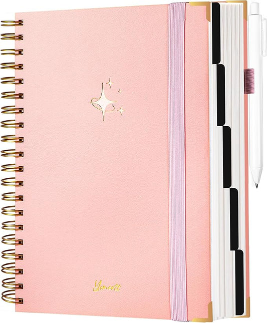 Yoment Hardcover Spiral Notebooks for Work with Pen Leather 5 Subject Notebook College Ruled with Dividers 360 Pages B5 Journals for Women Men Writing, Pink