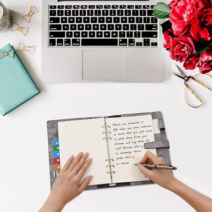 Wonderpool Leather Journal Refillable Binder A5 Writing Notebook Folder Organiser with Dotted Paper & Multi Pockets Cover for Business School Travel (A5, Grey)