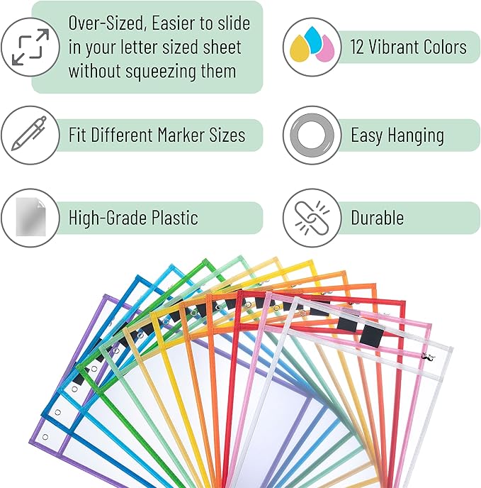 Mr. Pen Pocket Sleeves - 10x14 Inch, Pack of 24 - Colorful, Reusable, Clear Plastic Sleeves for Dry Erase Sheets