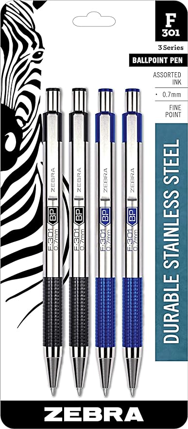 Zebra Pen Fine Point F 301, Combo Pack of 2 BLACK INK & 2 BLUE INK metal pens (Total of 4 Pens), Ballpoint Stainless Steel Retractable 0.7mm fine point ink pens