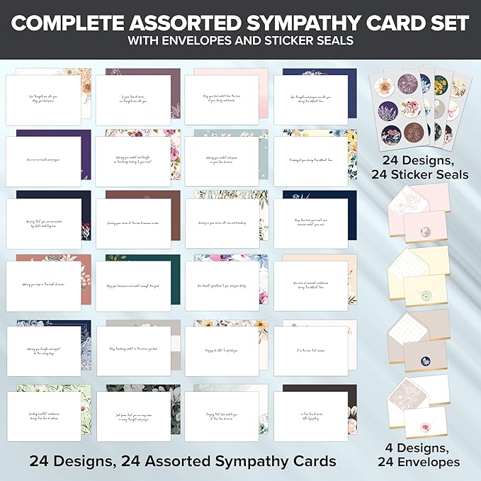 Decorably 24 Pack 6x4in Assorted Sympathy Cards with Envelopes and Stickers, 24 Unique Designs Sympathy Cards Assortment Box with Envelopes with Printed Message Inside