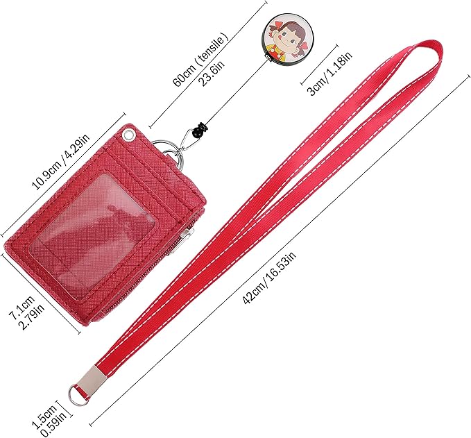 Cute ID Badge Holder Retractable Lanyard Reel Clip with Heavy Duty Carabiner, 5 Card Slots in 2 Sided with Key Ring and Zipper for Women Students Teens Girls Office Staff (Red Girl)