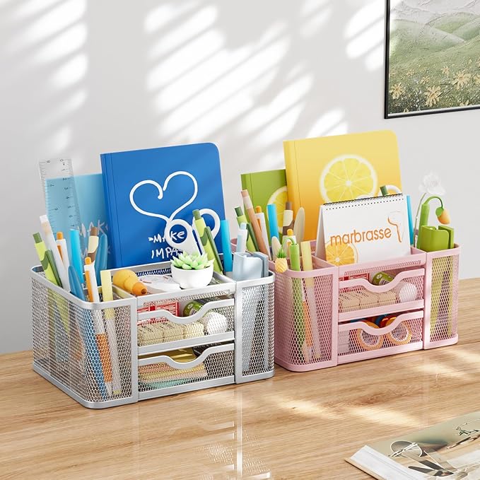 Marbrasse Mesh Desk Organizer, Pen Organizer with 2 Drawer, Multi-Functional Pencil Holder for Desk, Desk Organizers and Accessories with 5 Compartments + Drawer for Office Art Supplies (Silver)